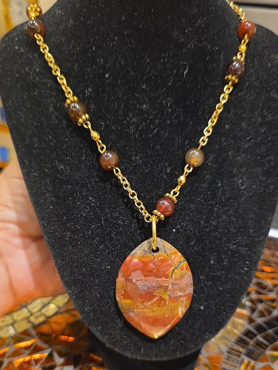 red creek jasper Jewelry - Gold-Tone Necklace with Red and Orange Jasper Pendant